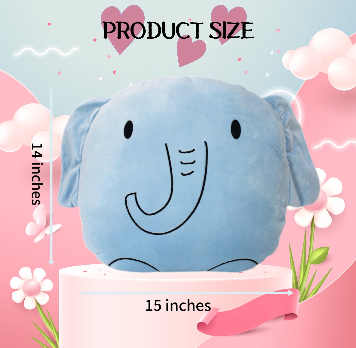 Elephant Plush Smiling Face Pillow, 15 x 14 inches, Light Blue