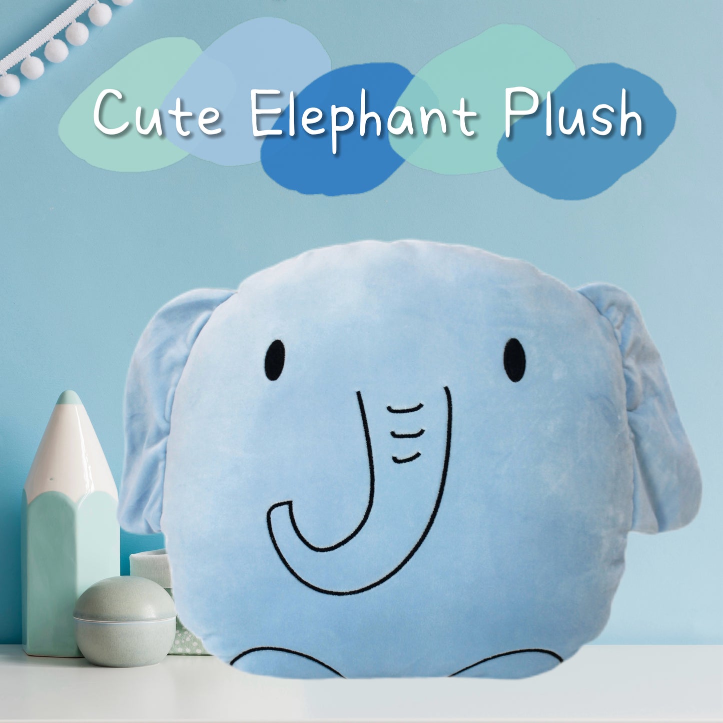 Elephant Plush Smiling Face Pillow, 15 x 14 inches, Light Blue