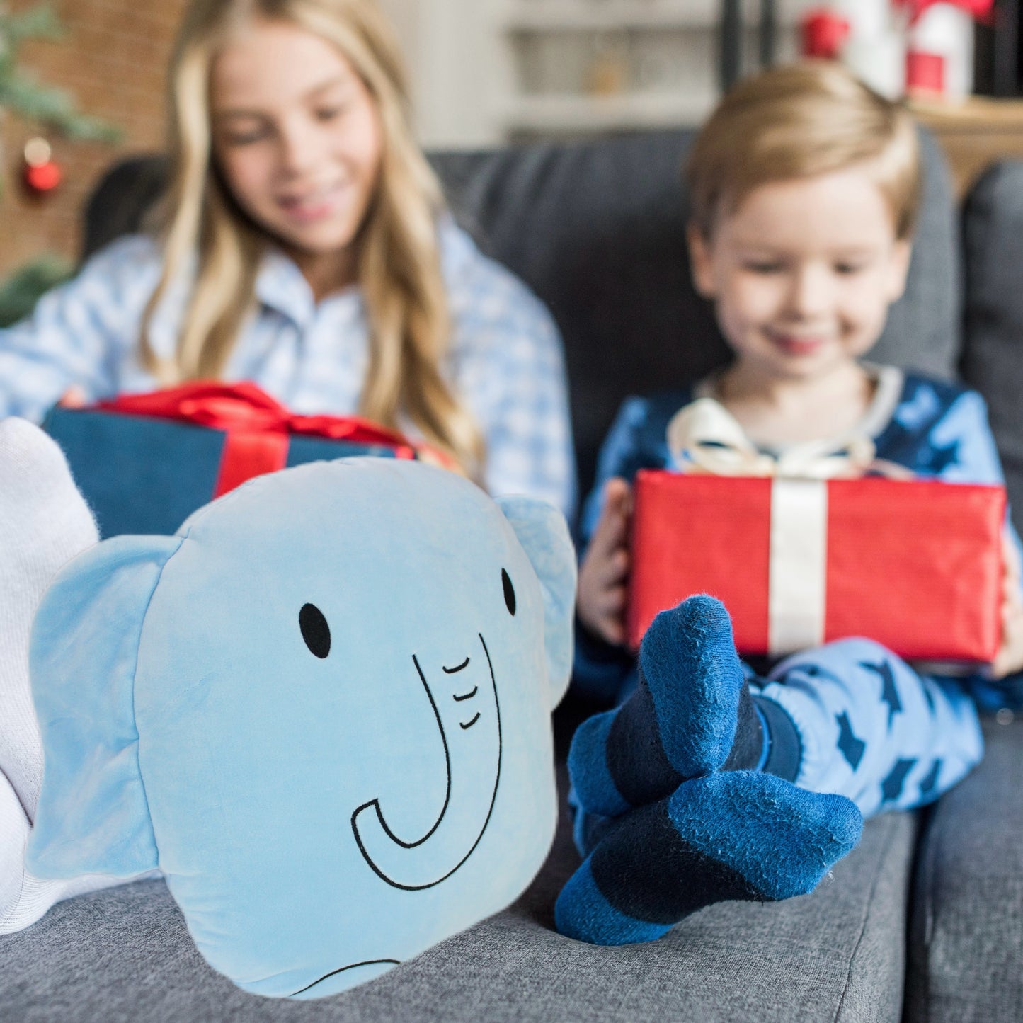 Elephant Plush Smiling Face Pillow, 15 x 14 inches, Light Blue