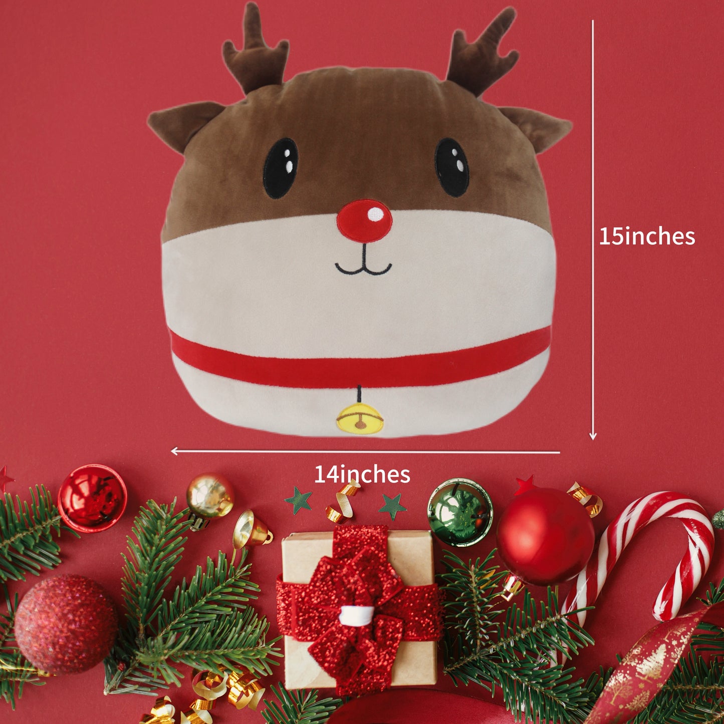 Christmas Plush Reindeer Stuffed Animal, 15 inches x 14 inches, Brown and White