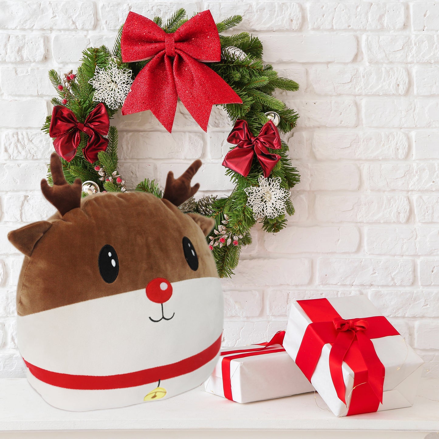 Christmas Plush Reindeer Stuffed Animal, 15 inches x 14 inches, Brown and White